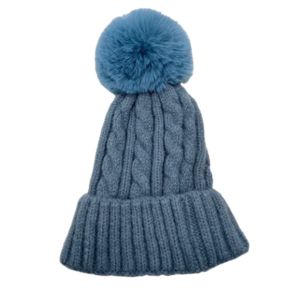 ILLUMA Women’s Blue Cuffed Cable Stitch Faux Fur Pom Pom Beanie Hat NWT main image 4